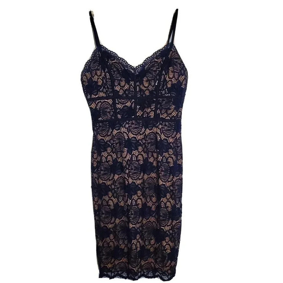 B Darlin Size 5 6 Dress Navy Blue Lace Tan Fitted Bodice Midi Lace overlay Women - Picture 1 of 7